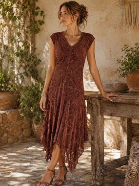 Chelsea & Violet Brown Lace Handkerchief Hem Dress Size 12 Boho Fairycore